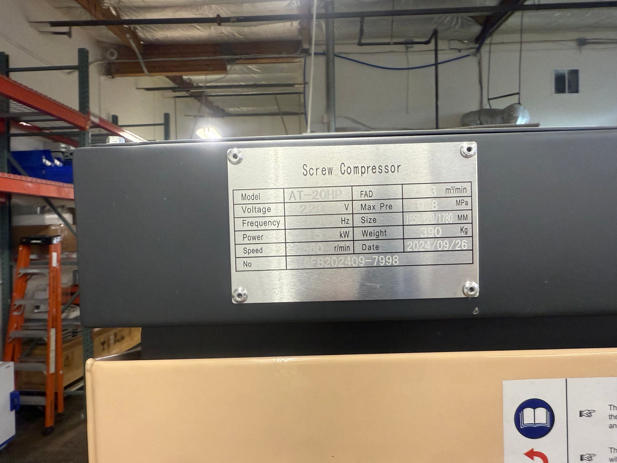 Pneu-Airtec AT-20HP 20HP Rotary Screw Air Compressor 220V 75 CFM with Integrated Tank